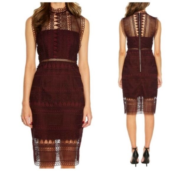 Bardot Mariana Dress in Burgundy Lace Overlay Crochet Cut Out High Neck 4 - Picture 1 of 13